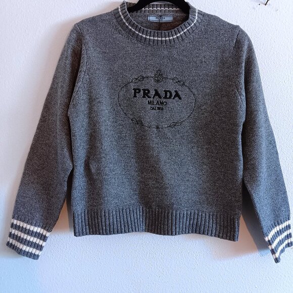 PRADA Gray Grey Knit Long Sleeve Pull Over Sweater With White Stripes Size M NEW - Picture 1 of 5